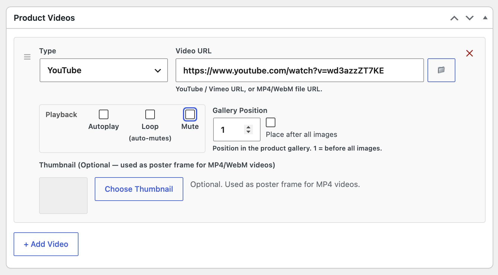 Product Videos meta box on the product edit page