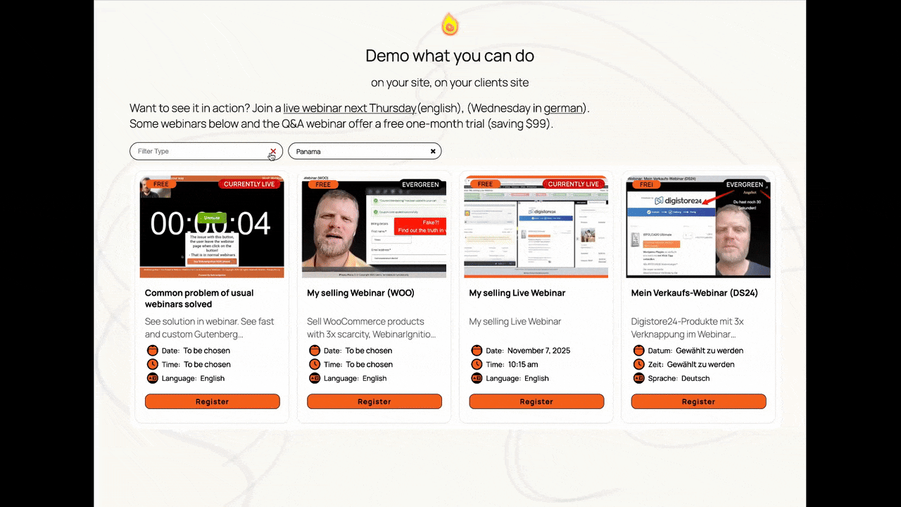 Grid view - All webinars organized with timezone display and status indicators