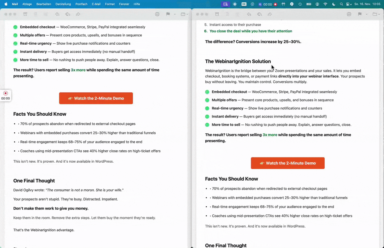 One-click registration in action - Email to registration page with automatic timezone calculation