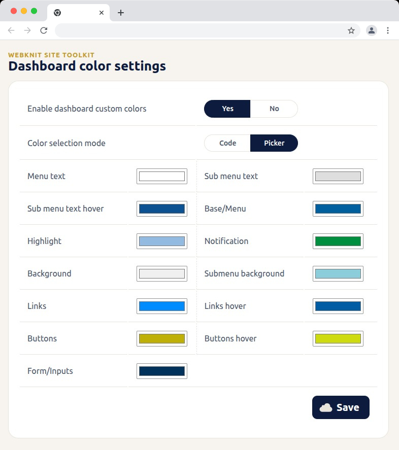 Dashboard color settings — recolor the wp-admin sidebar, links, buttons, and form inputs with hex codes or a visual picker.