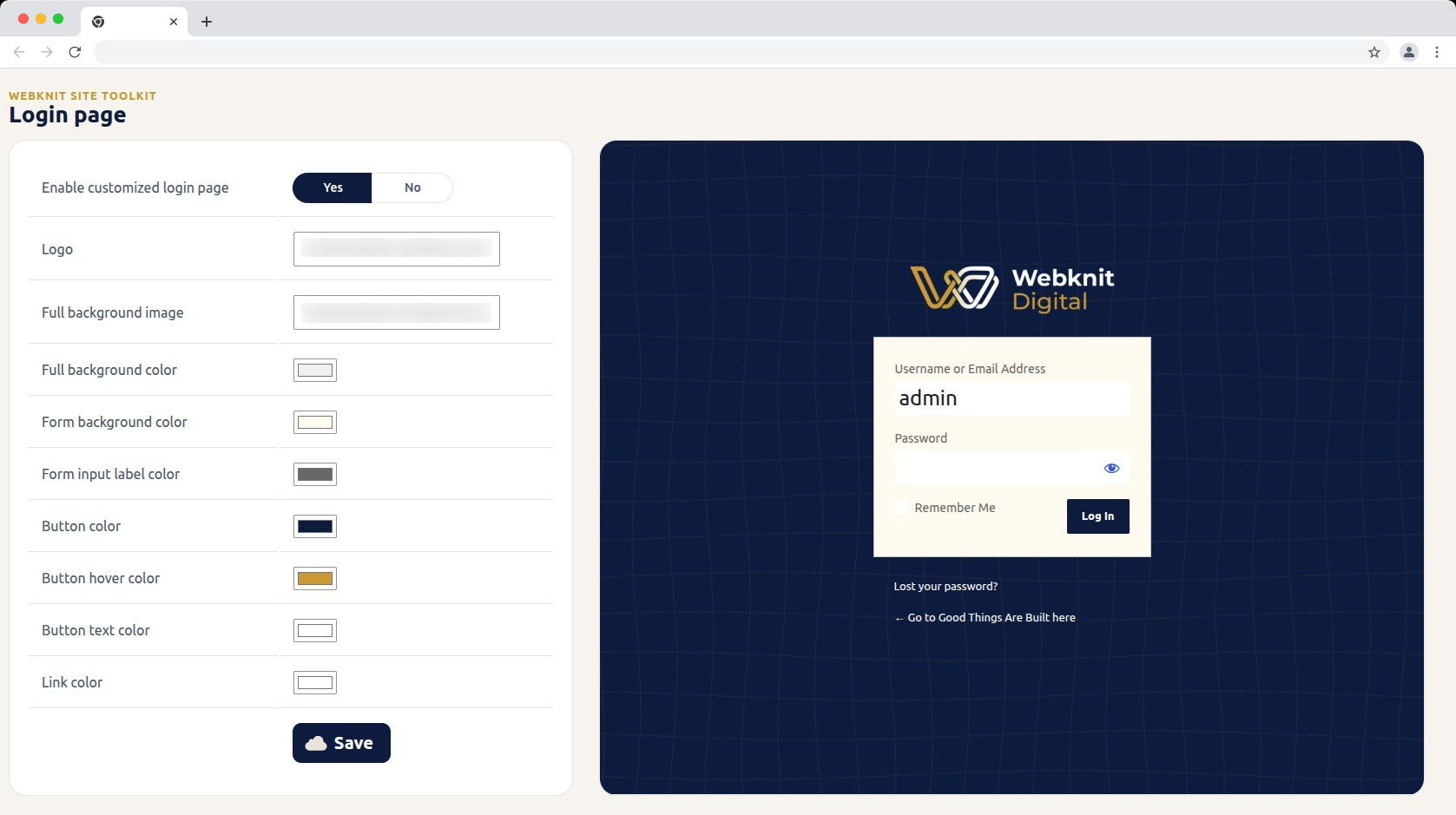 Login page — customize the logo, background, form colors, and button styling, with a live preview alongside the settings.