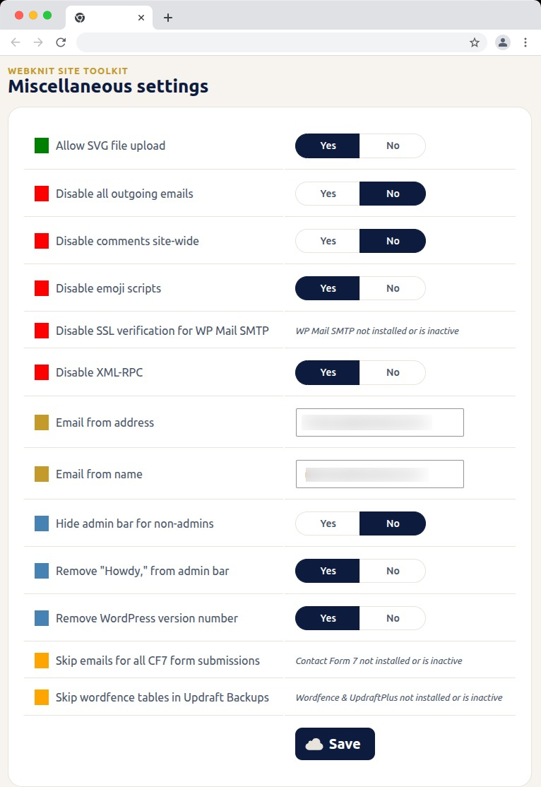 Miscellaneous settings — toggle SVG uploads, outgoing email, comments, XML-RPC, and more; toggles for a plugin that isn't installed or active show a status message instead of a Yes/No choice.