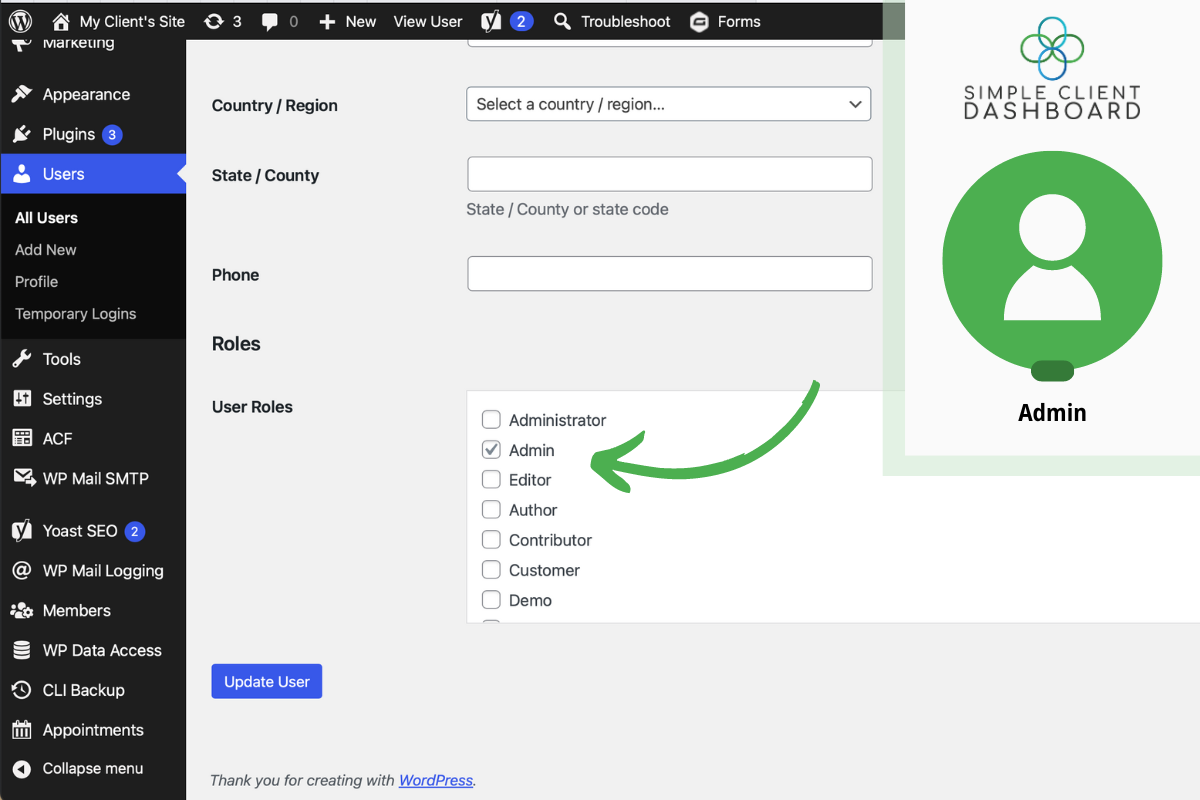 Admin role user in the User Editor