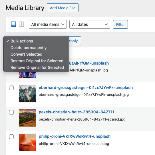 Media Library Options – Bulk actions menu in the Media Library list view that allows you to choose between multiple image processing options.