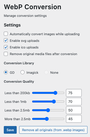 Settings Page - Manage conversion options.