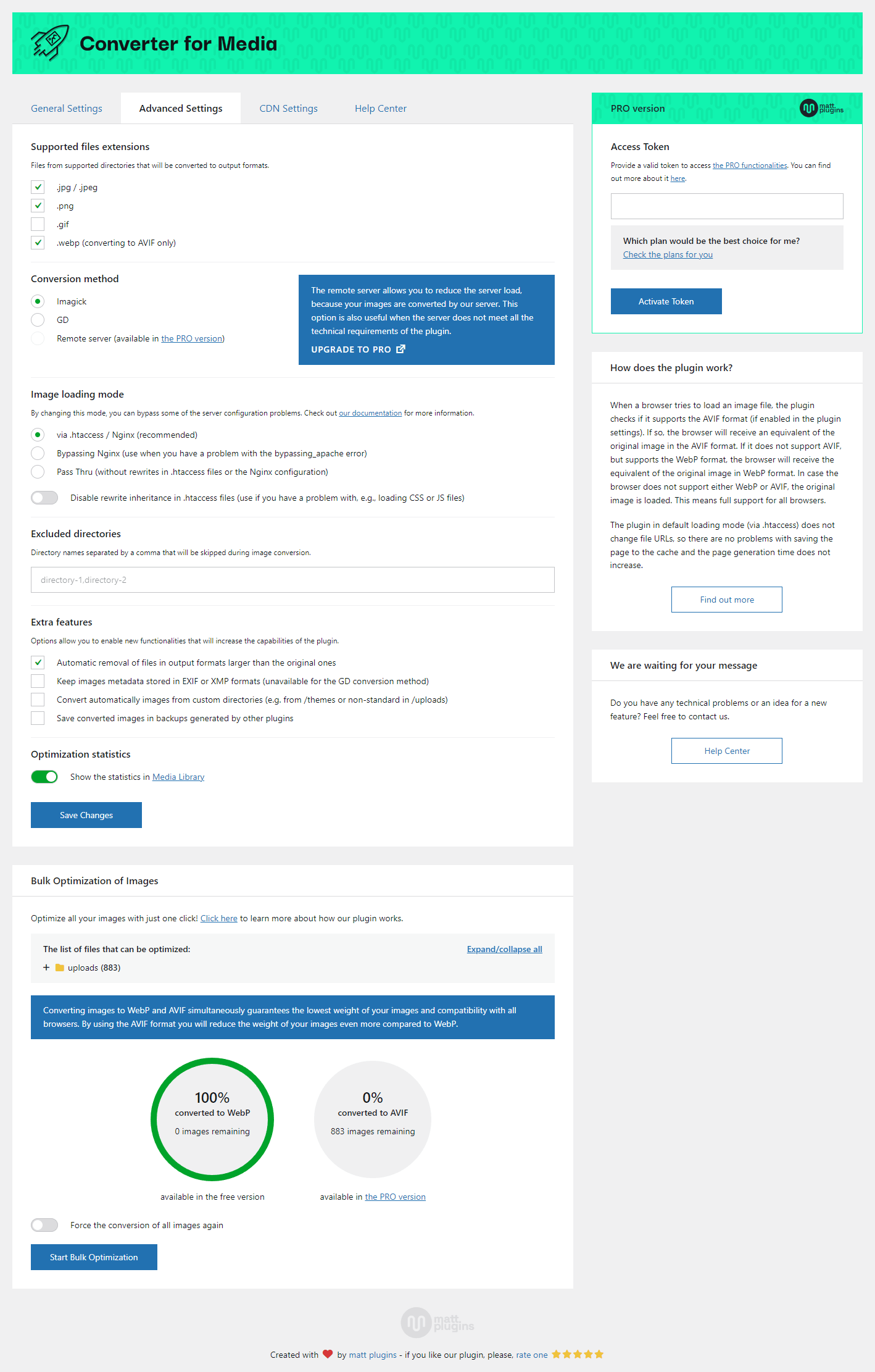 Aba Avançado das configurações do plugin