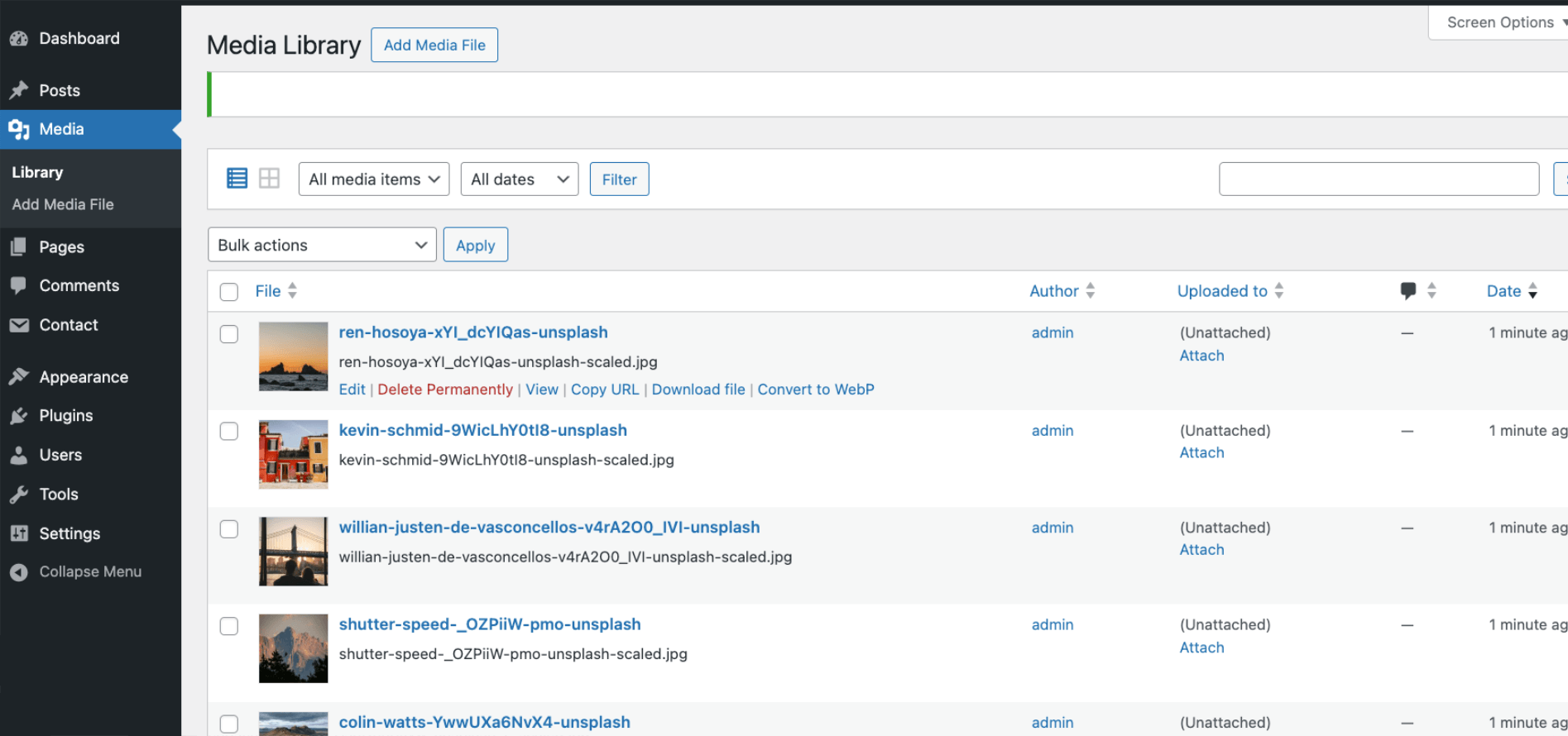 Media Library – “Convert to WebP” links