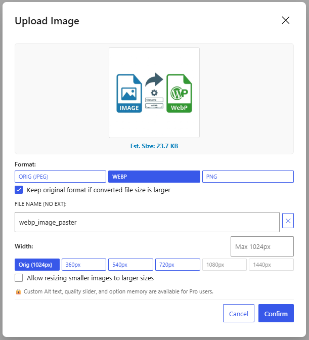 Image Paste/Drop Modal dialog prompting for filename, format selection (ORIG/WEBP/PNG), and width options.