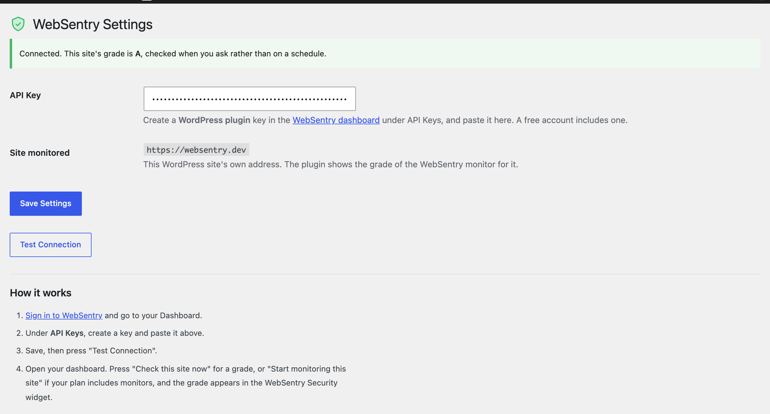 Settings: paste a WordPress plugin key, and the plugin reads the grade for the site it is installed on.