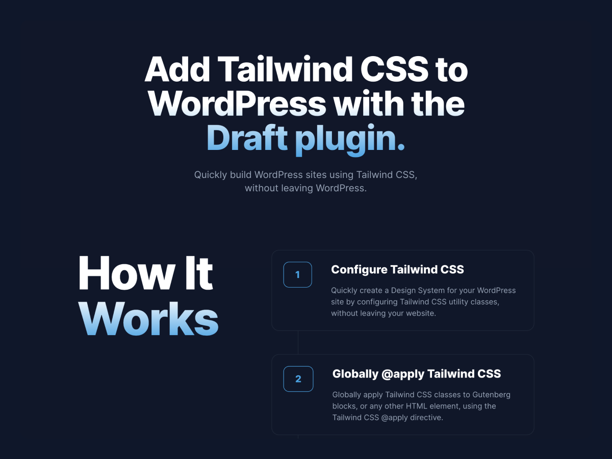 The free Draft plugin adds Tailwind CSS to WordPress.  Configure Tailwind CSS, @apply Tailwind CSS utility classes, and add Tailwind CSS utility classes to blocks.