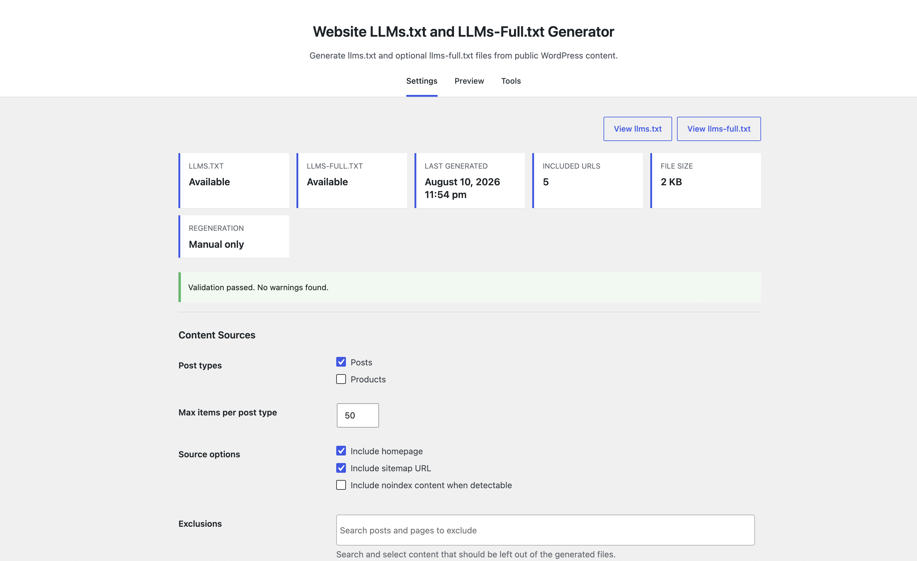 Plugin overview showing generated file status and quick actions.