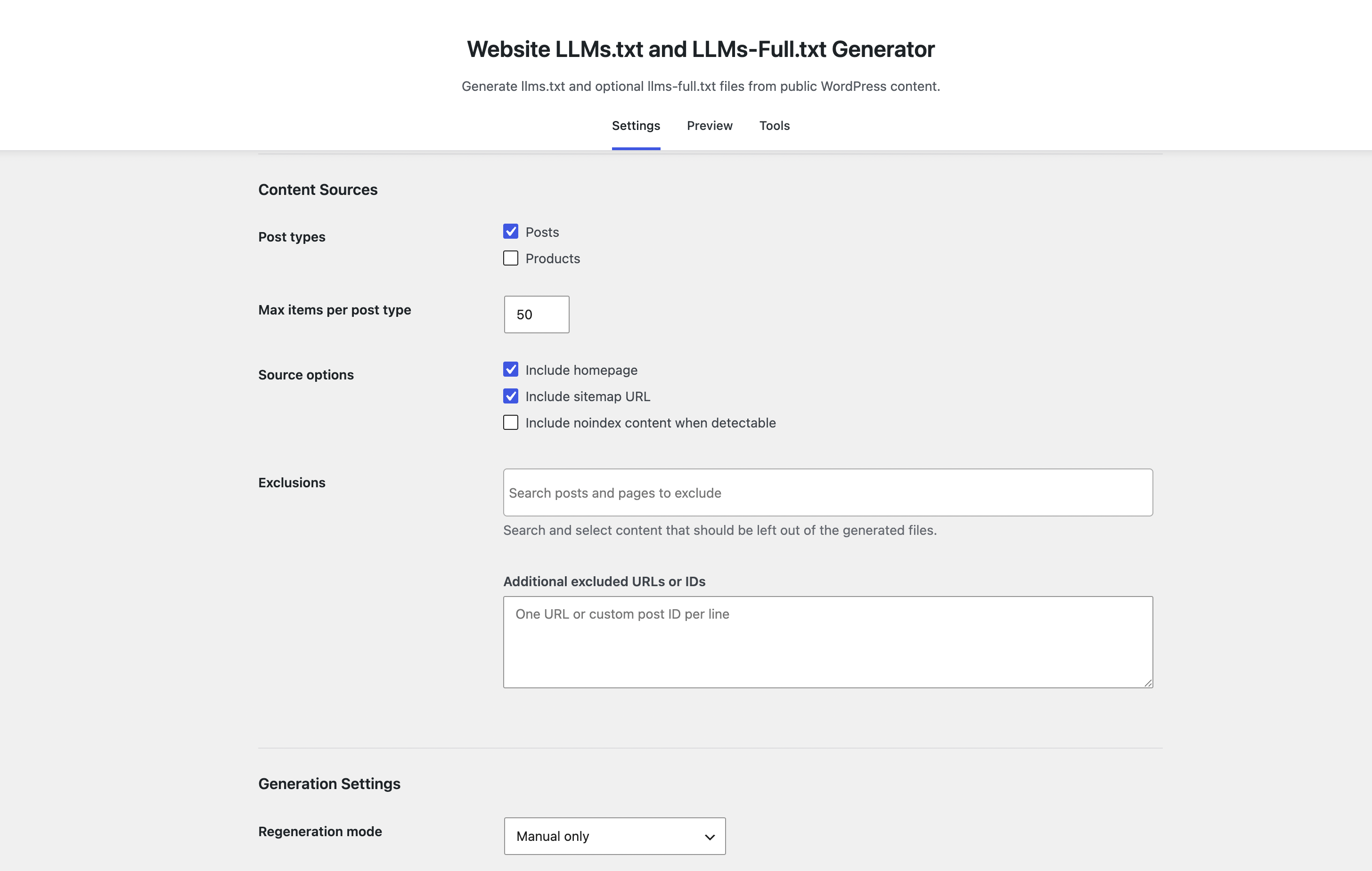 Content source and generation settings.