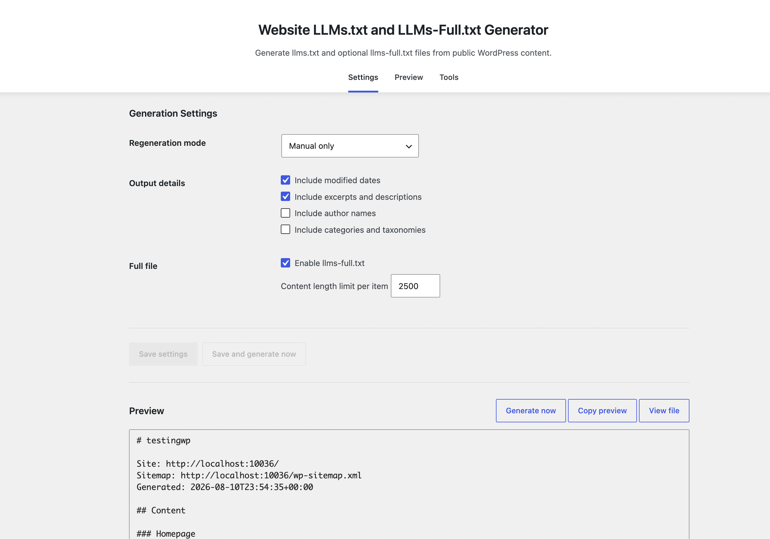 Preview, validation, and tools for llms.txt output.