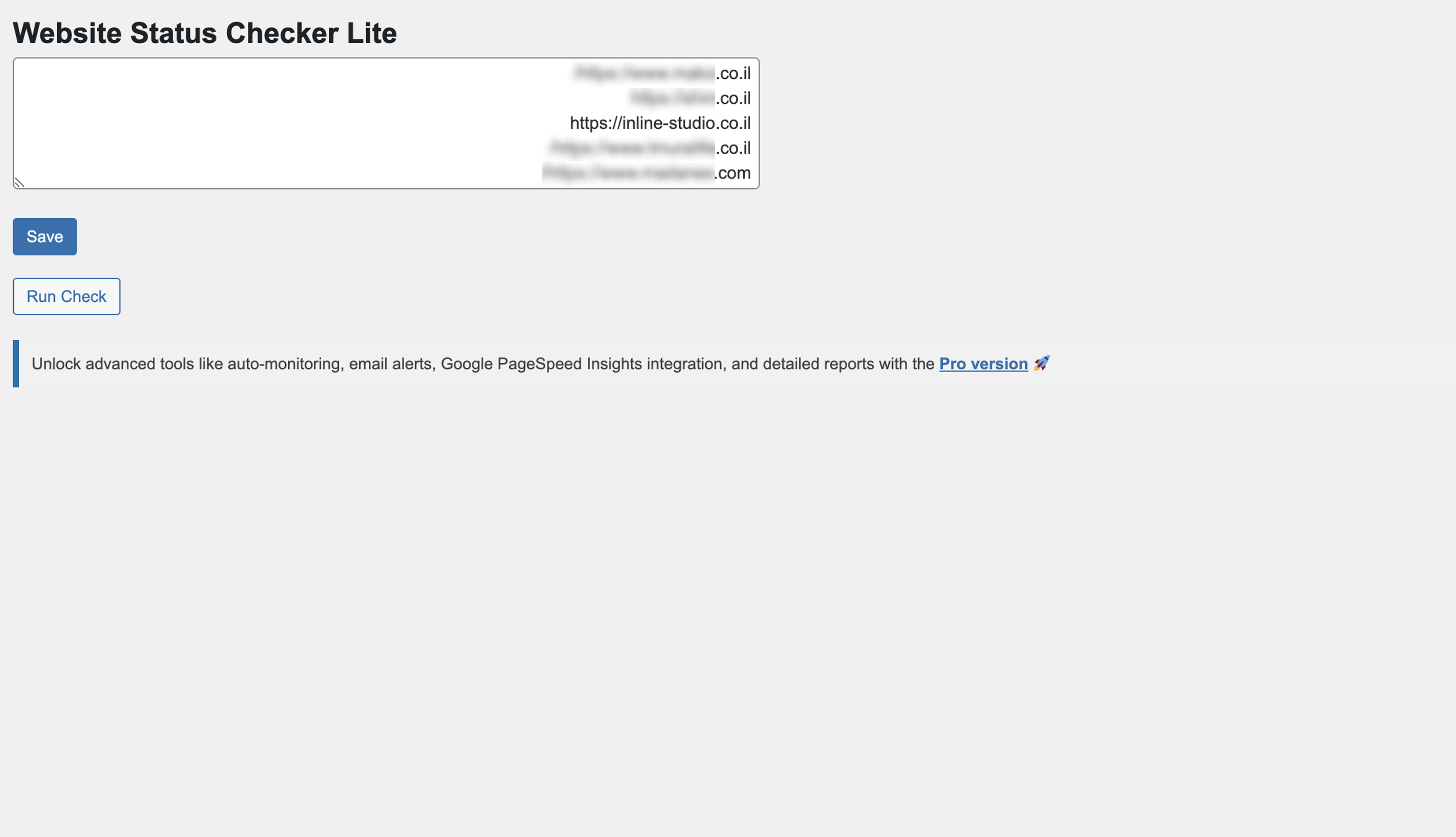 Admin settings page for entering website URLs.