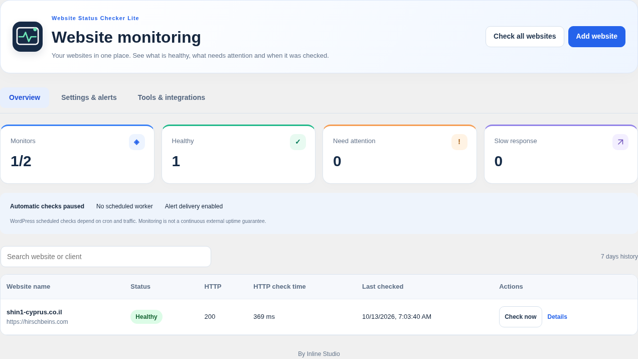 English Lite overview: a two-website allowance, clear status cards, HTTP results and last-check times.