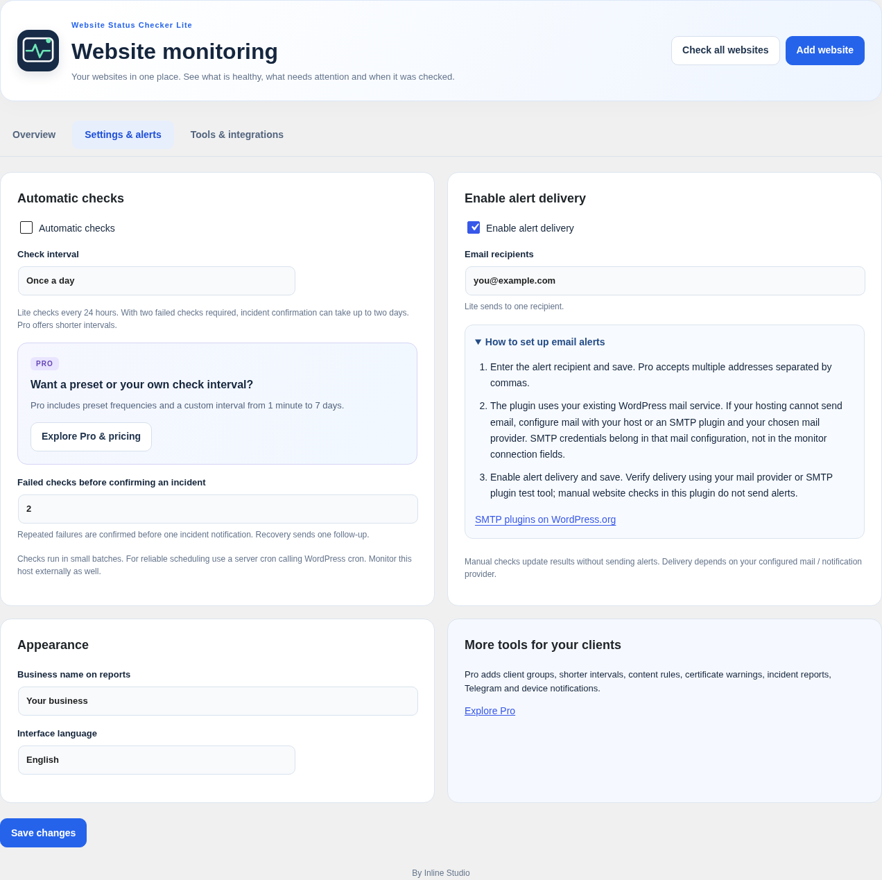 Daily automatic check settings, incident confirmation and email delivery controls with setup help.