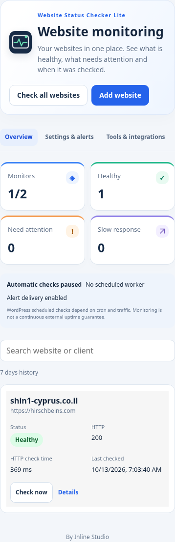 Responsive Lite dashboard on a phone, with the same two-site limit and home-screen shortcut support.