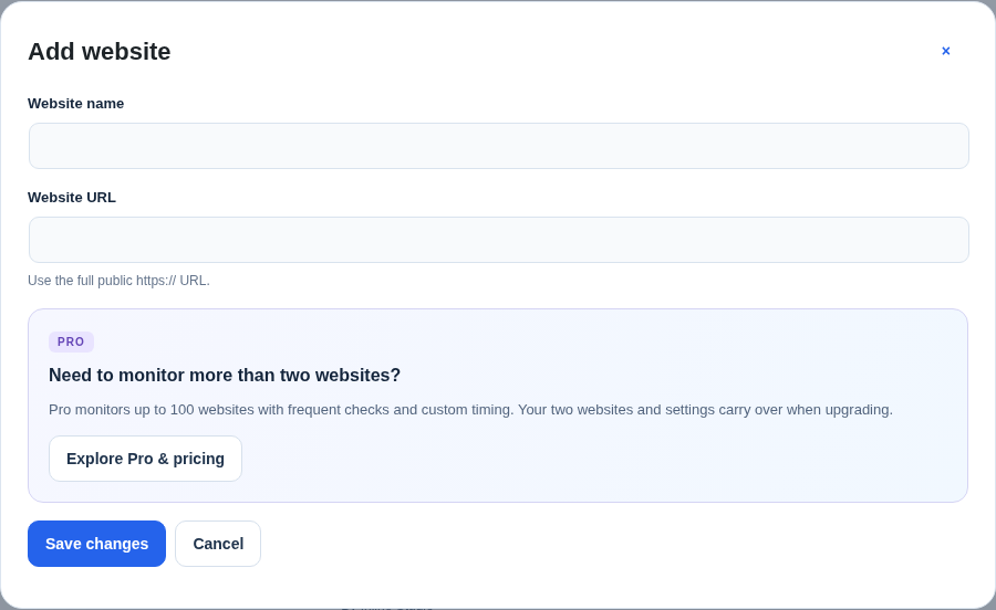 Pro upgrade guidance and a direct sales link when adding more websites.