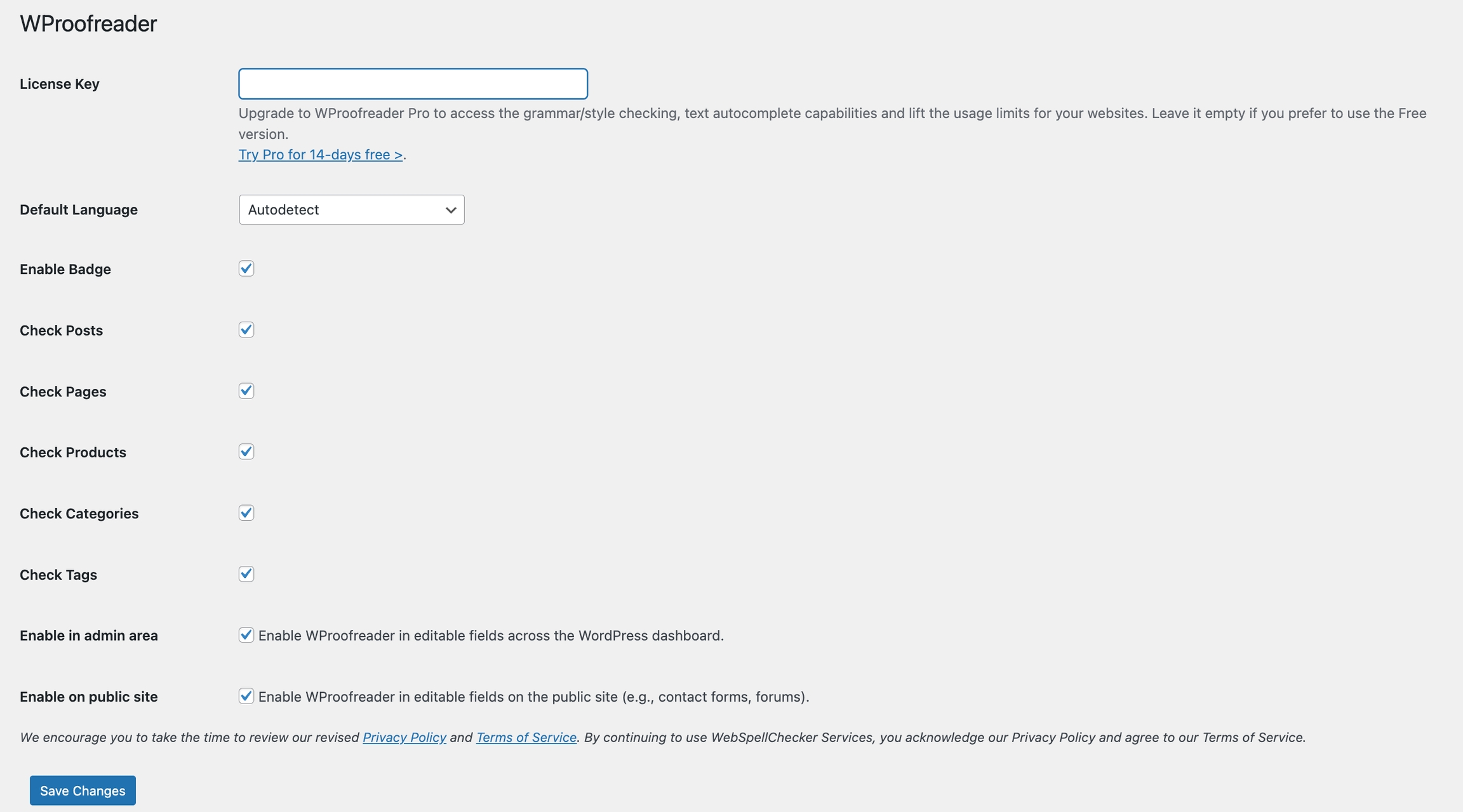 WProofreader WordPress plugin settings page.
