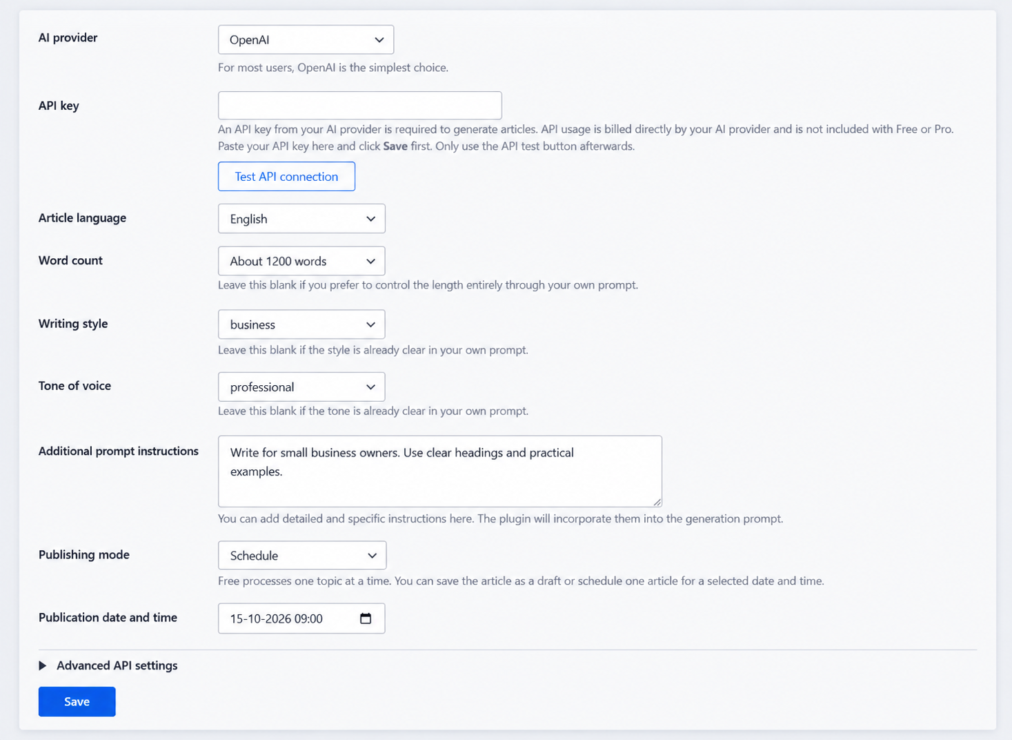 Configure article language, word count, writing style, tone of voice and publishing settings.