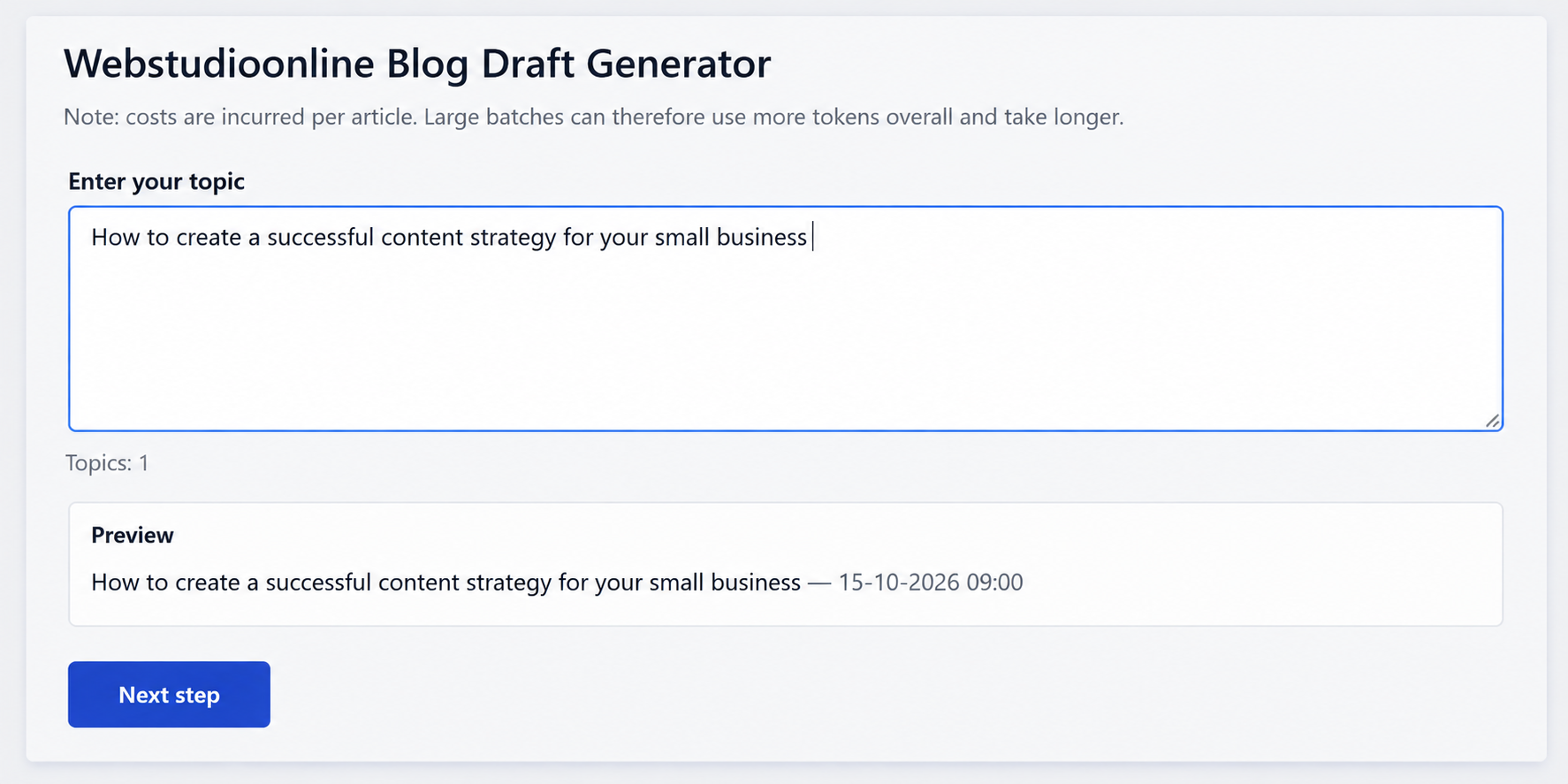 Enter a topic and preview the article before generation.