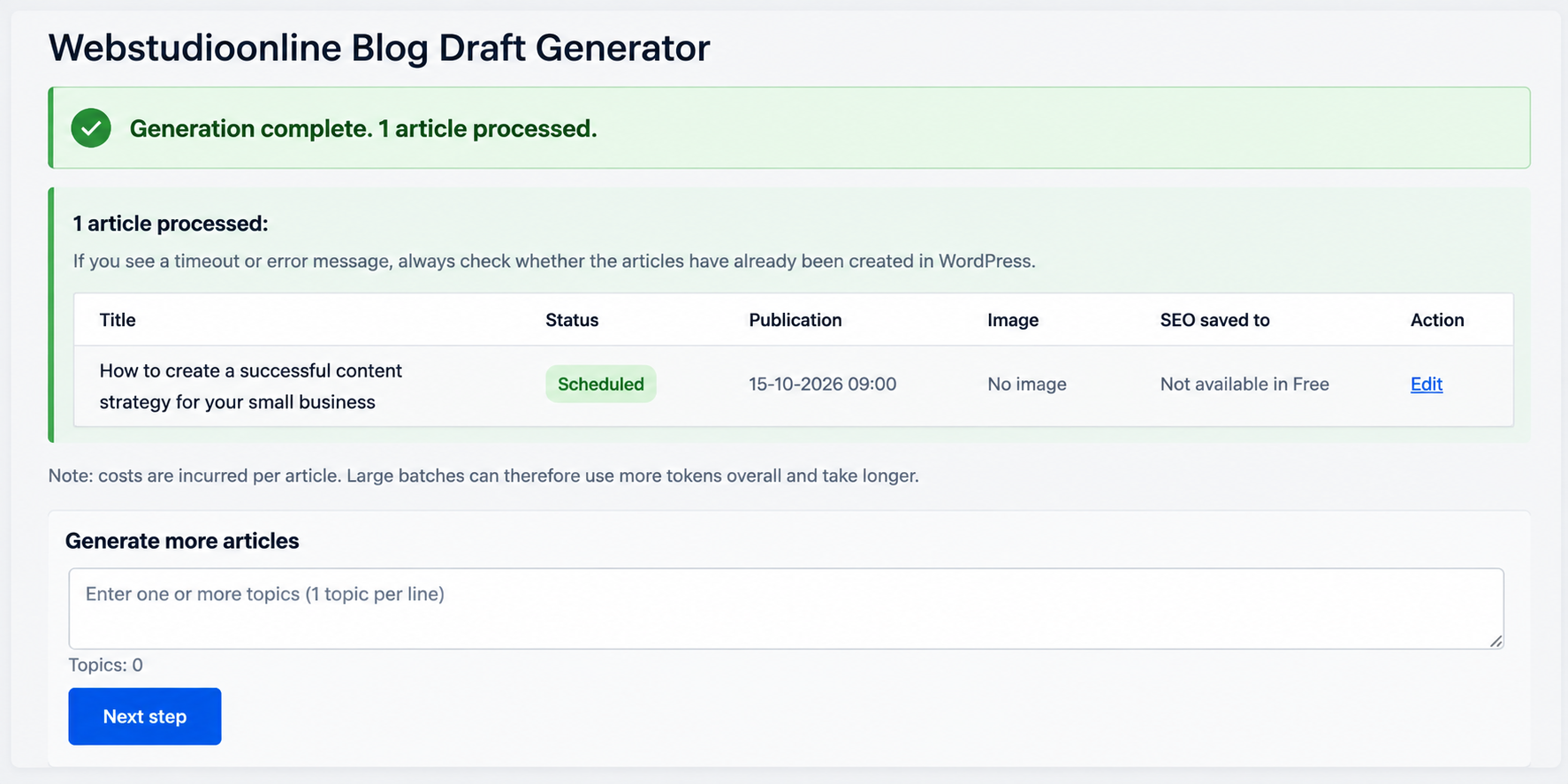View the generated article and its scheduled publication date.
