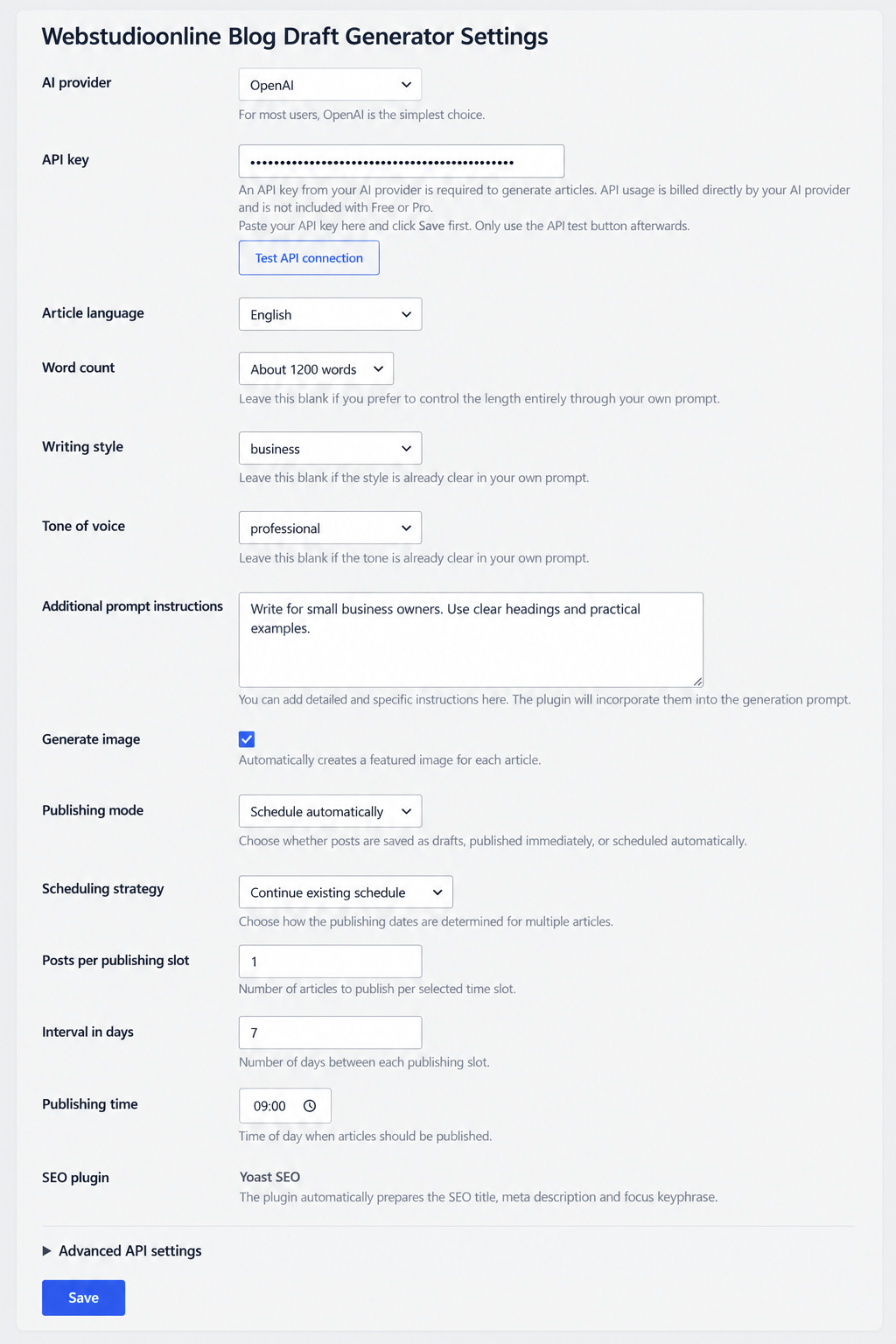 Pro version: Additional settings for automatic image generation, advanced scheduling and SEO automation.