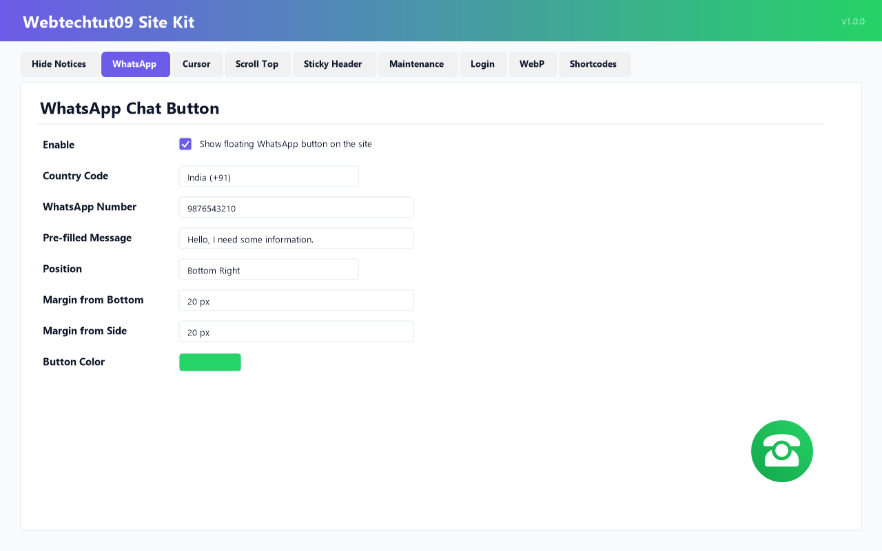 Main settings page with 8 tabs.