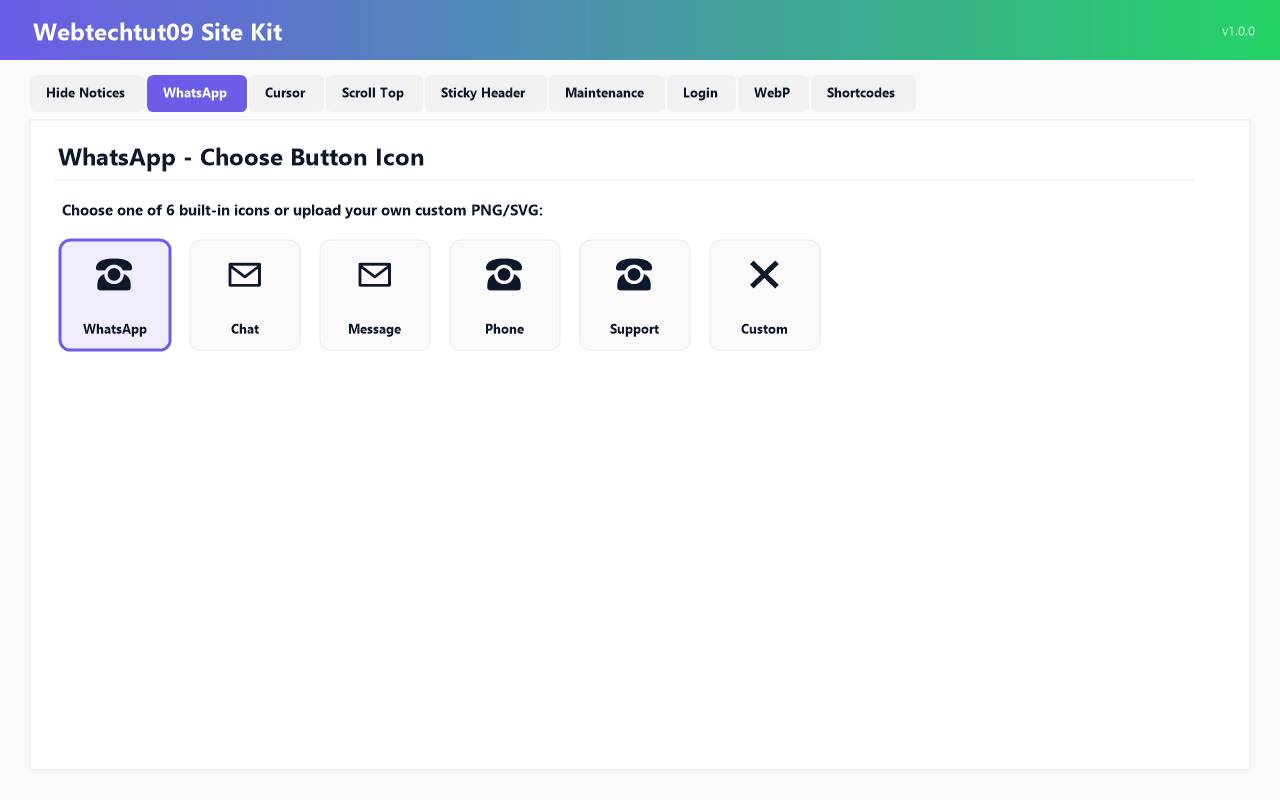 Chat button configuration with country code, icon picker, and position controls.