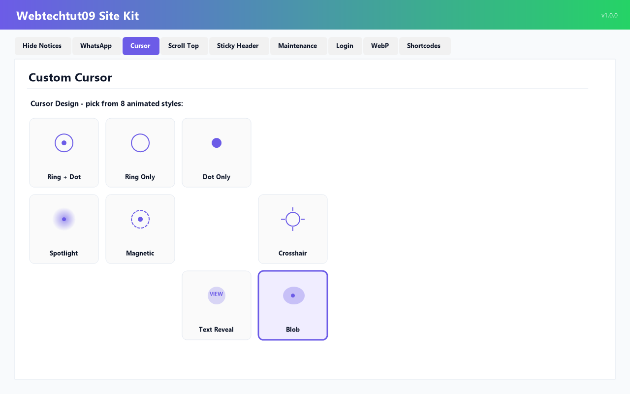 Custom cursor design picker with 8 animated styles.