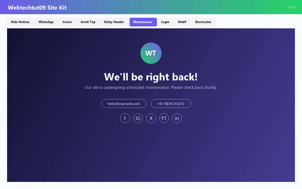 Maintenance mode with logo, background image, social links, and password bypass.