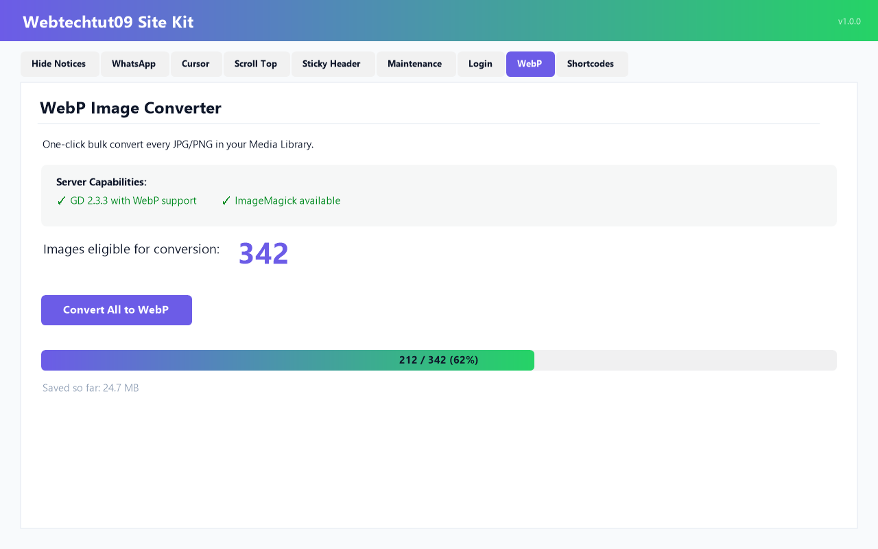 WebP converter with scan, convert, and undo.