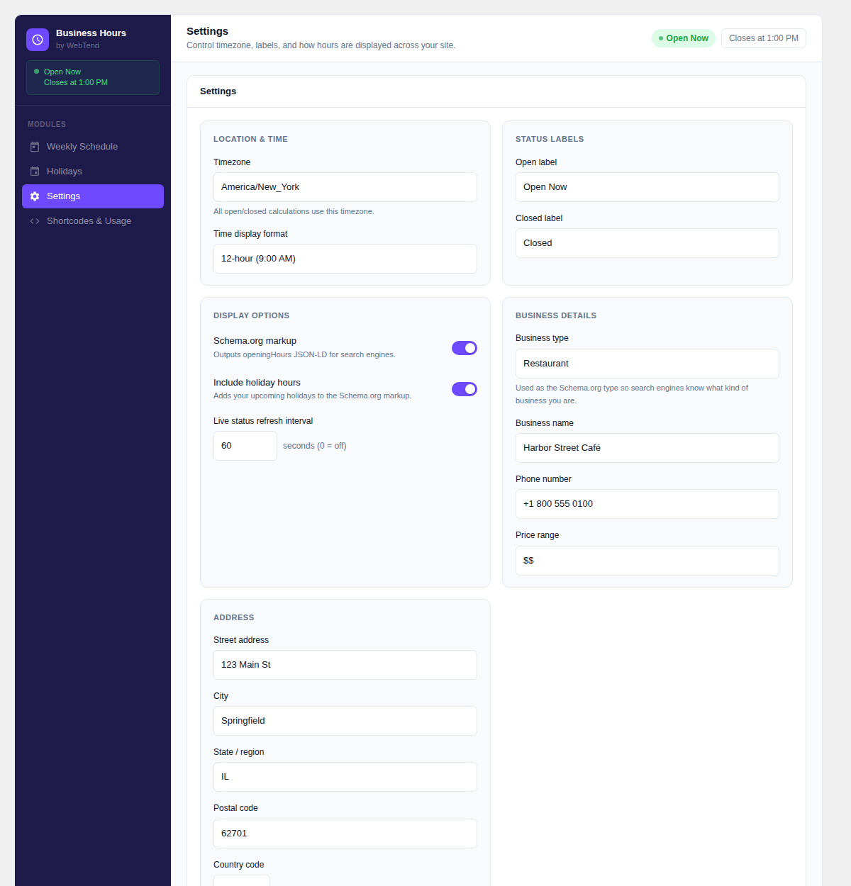 Settings panel — timezone, labels, Schema.org toggle