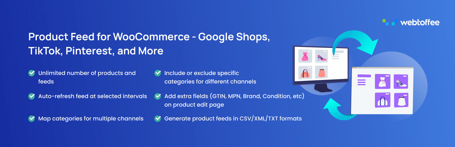 WordPress 外掛 Product Feed for WooCommerce – Google Shopping Feed, Pinterest Feed, TikTok Ads & More 的封面圖片。