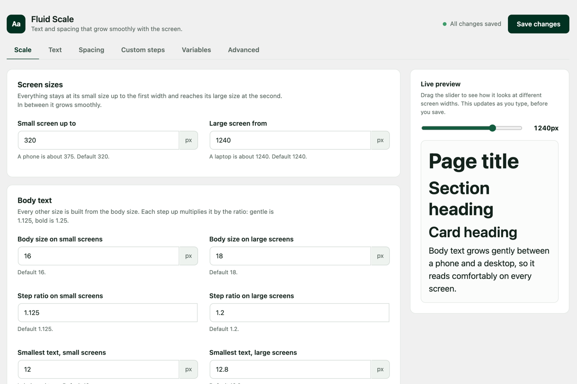 The Scale tab: screen sizes, body text and a live preview with a screen-width slider.