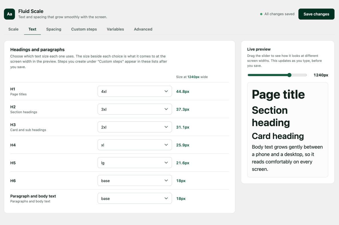 The Text tab: choose the size each heading and paragraph uses, with the resulting size beside each choice.