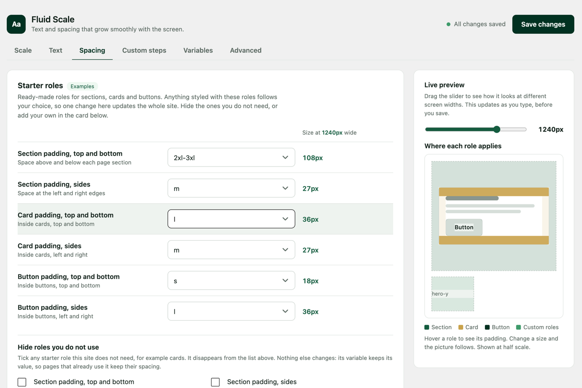 The Spacing tab: starter roles for sections, cards and buttons, custom roles, and a picture showing where each role's padding applies.