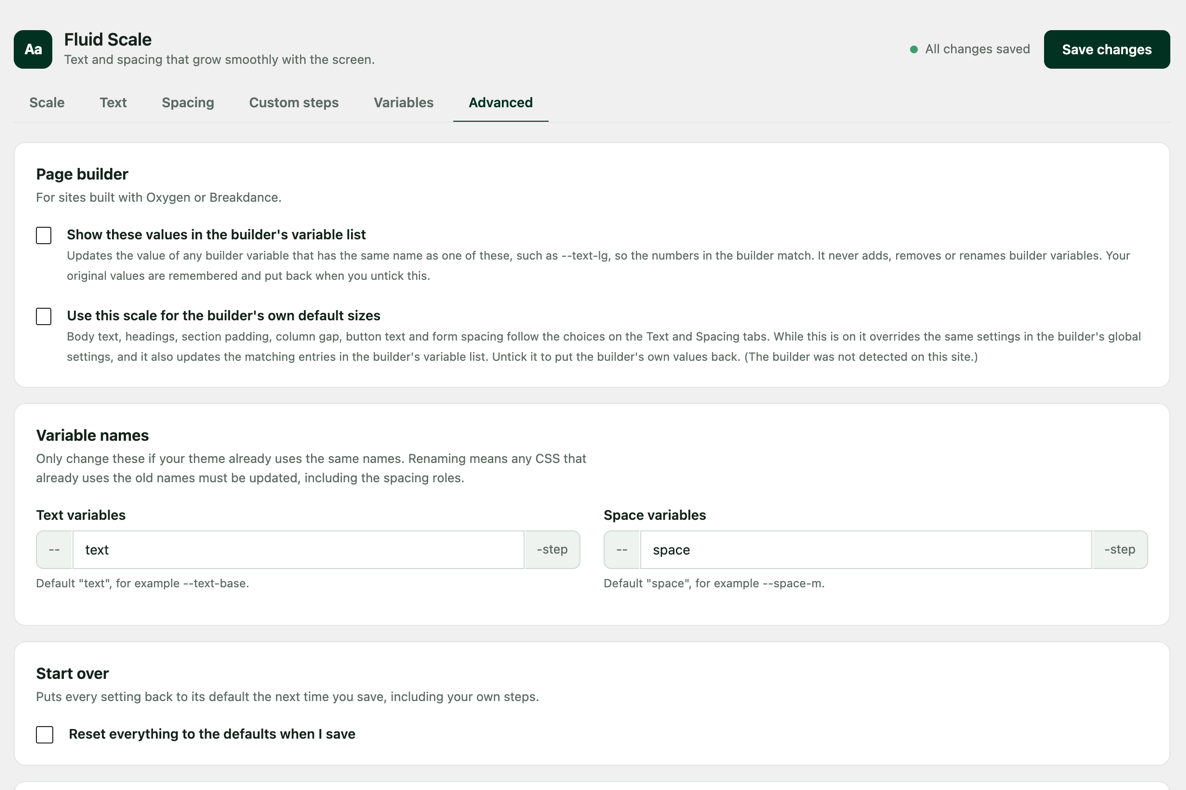 The Advanced tab: optional page builder settings and variable names.