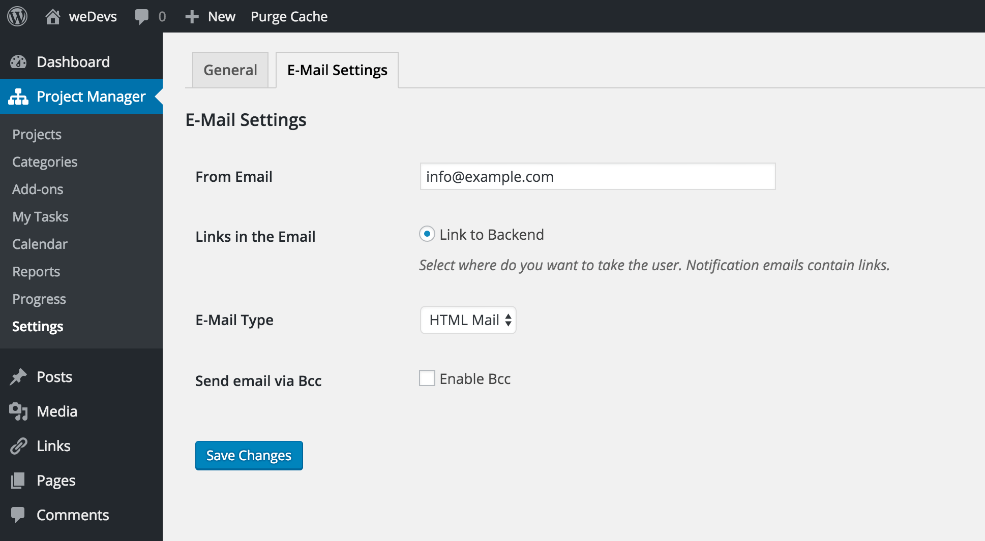 Project Settings -&gt; Email Settings Tab