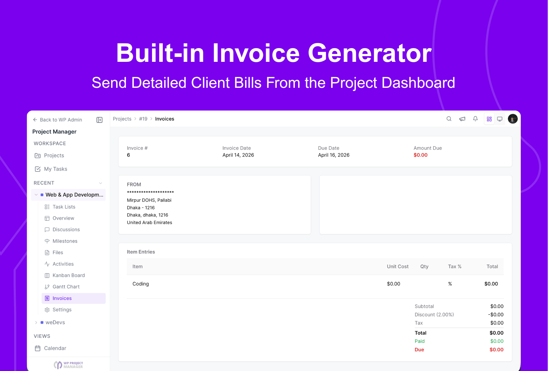 Built-in invoice generator