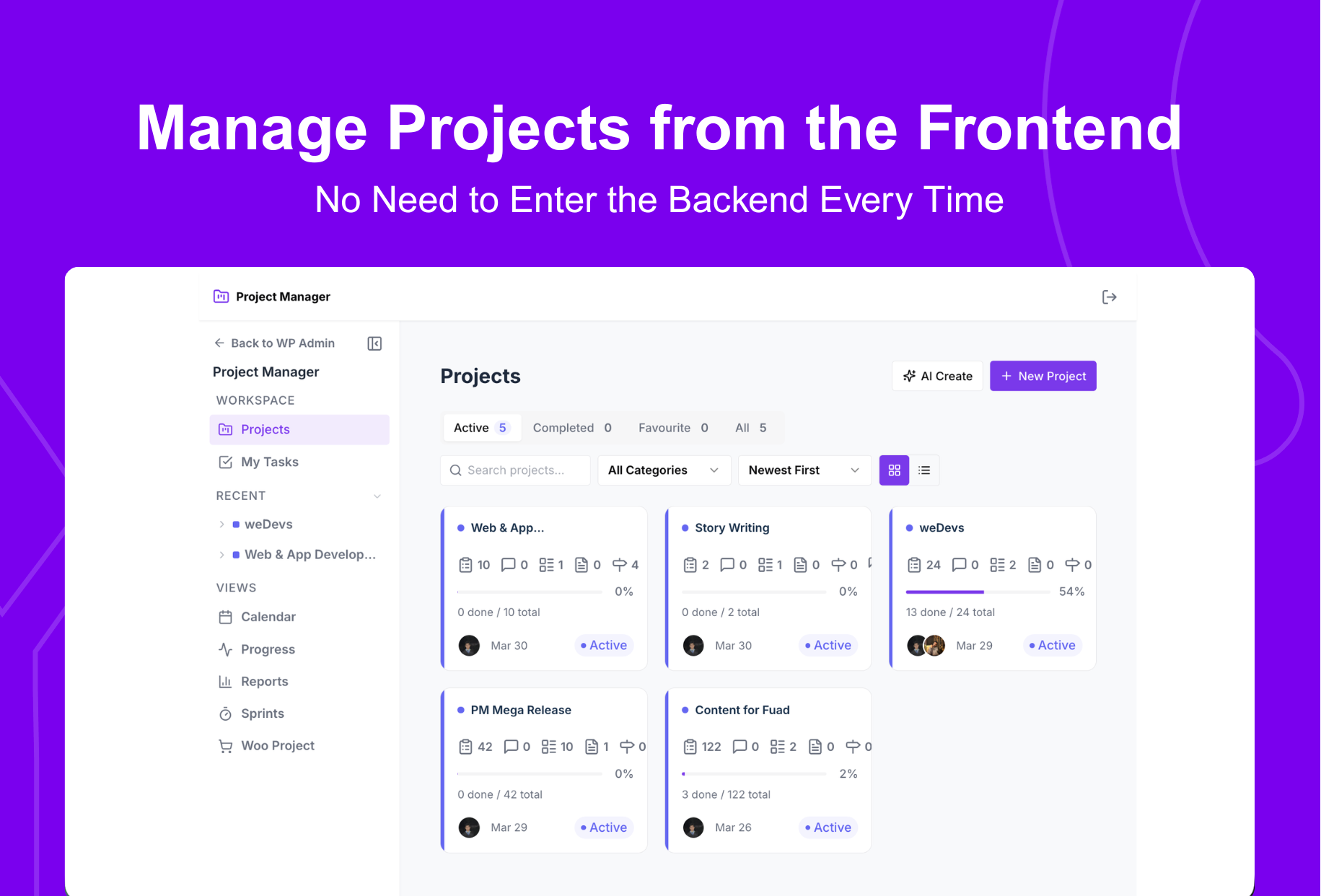 Manage projects from the frontend