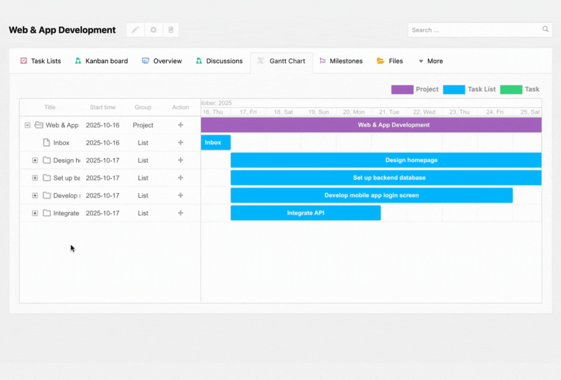 Gantt Chart of WP Project Manager