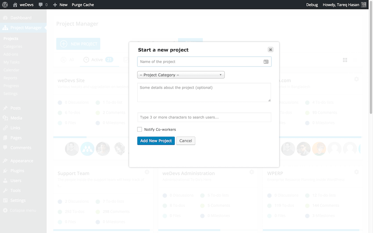 New project creation pop-up window