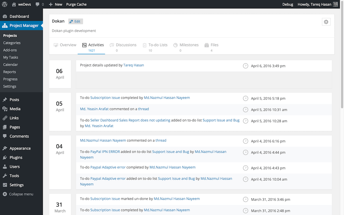 Project actvities feeds grouped by date. See what you or your team has done in a project.