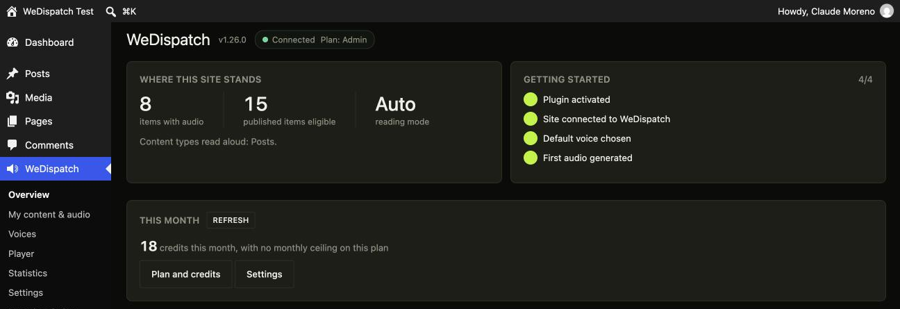 Overview: whether the site is connected, what it is using this month, and what is left to set up. The last card is the one nobody else can build: your monthly volume does not carry over, so it names the published items that have no audio yet and queues them in one click.