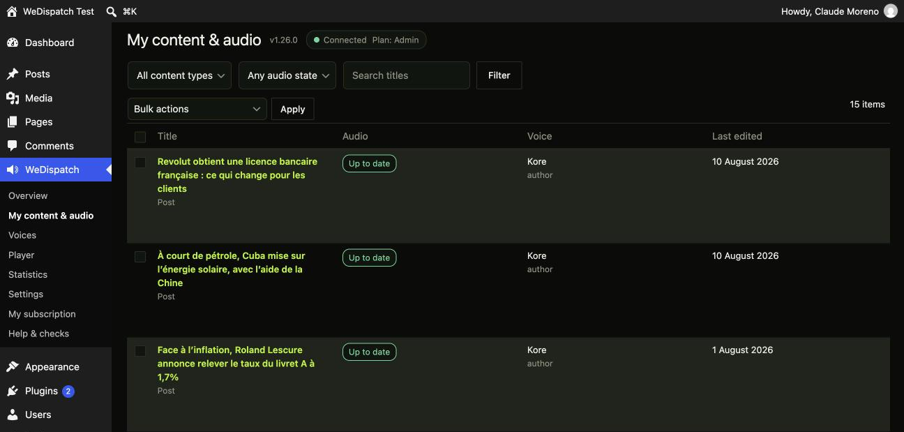 My content & audio: every item with its audio state, the voice that will read it, and what to do next. The voice source is shown only where it differs from the site voice.
