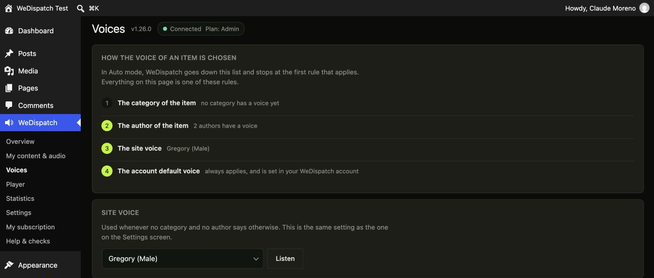 Voices: who reads what, on one page. The four steps WeDispatch goes down to pick a voice, then the site voice, a voice per category and a voice per author, saved together. Every list has a Listen button.