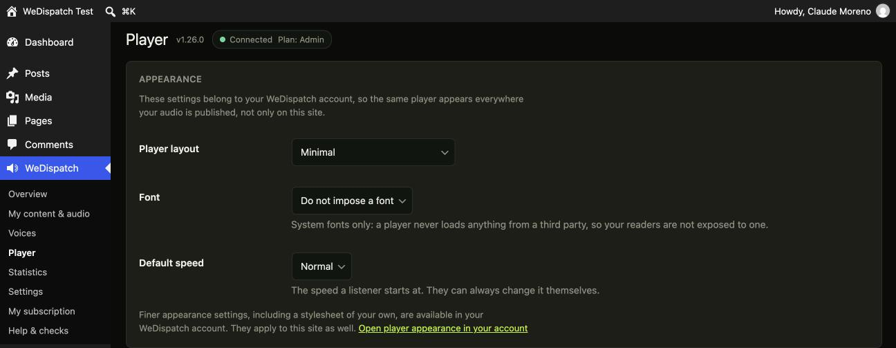 Player: layout, font, speed, highlighting, summary, download and sharing. A setting your plan does not include is shown disabled and explained, never offered and then refused.