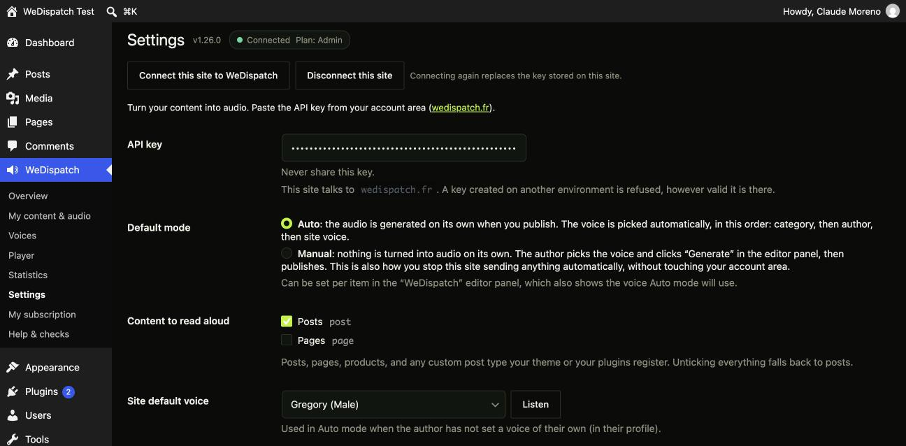 Settings: connect or disconnect the site, Auto or Manual, which content types are read aloud, player position, and the optional transcript and "Listen next" under the article.