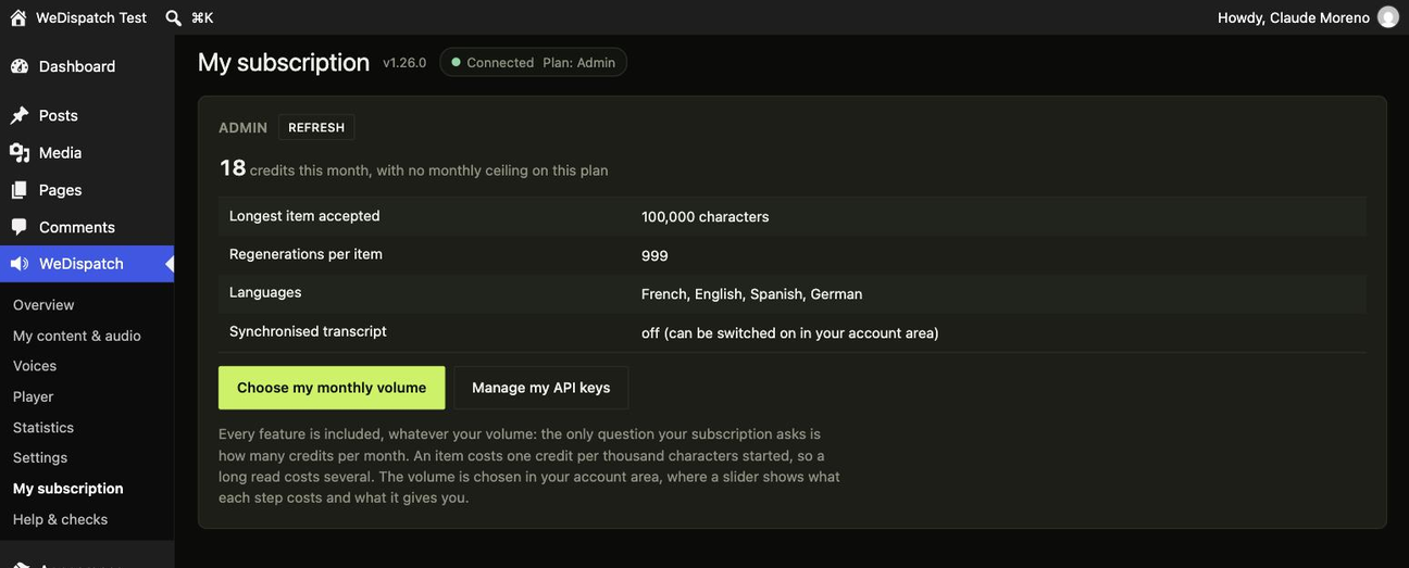 My subscription: how many items a month you subscribed to, how many are used, how long an item may be, and where to change the volume. Subscribing and billing stay on wedispatch.fr.